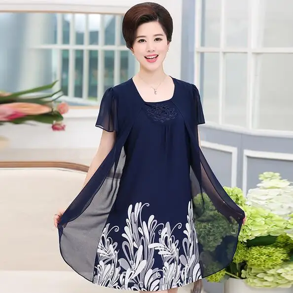 

Fake Two Piece Mother Summer Dresses Plus Size Women Clothing Print Floral Elegant Loose Short Sleeve Vestidos WF151
