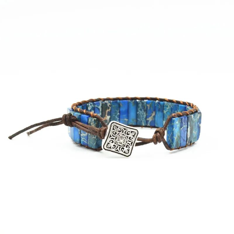 

Emperor Stone Women Bracelet Jewelry Natural Blue Opal Stone Tube Beads Leather Wrap Bracelet Girlfriend Creative Gift Wholesale