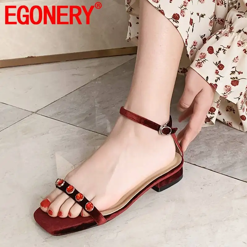 

EGONERY summer woman sandals square toe genuine leather sheepskin insole green red shoes plus size 3cm low heels women shoes