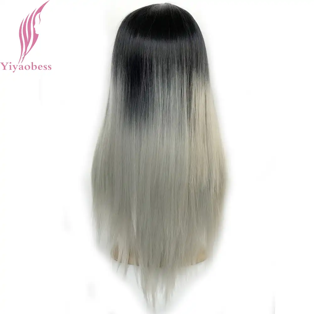 Yiyaobess 24inch Long Straight Black Silver Gray Ombre Wig Bangs