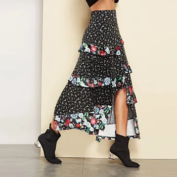 

2020 New Autumn Winter Women Elegant Vintage Floral Print Midi Skirt Ruffle Female Casual Streetwear Chic Long Skirt High Waist