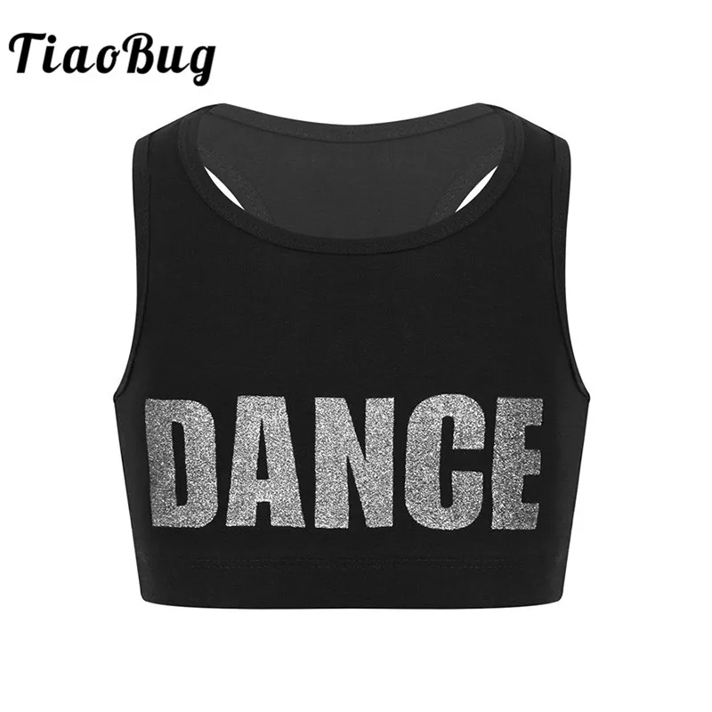 

TiaoBug Kids Girls Sleeveless Shiny Letters DANCE Printed Crop Top Sports Gymnastics Ballet Tops Stage Performance Dance Costume
