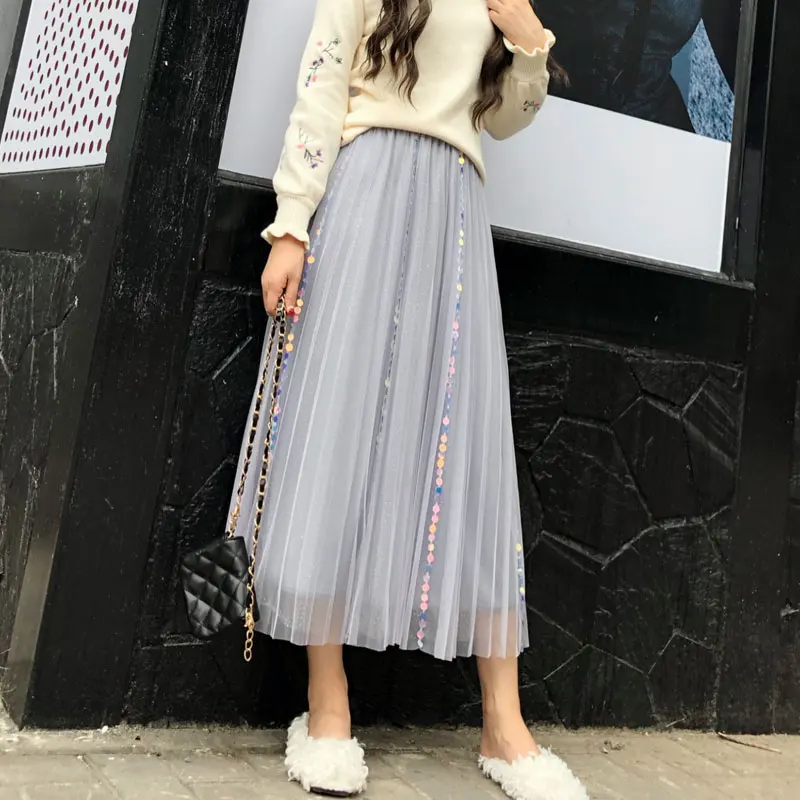 

YICIYA purple mesh sequin skirt women midi plus size pleated tulle tutu tule rok a line 2020 summer casual black clothing