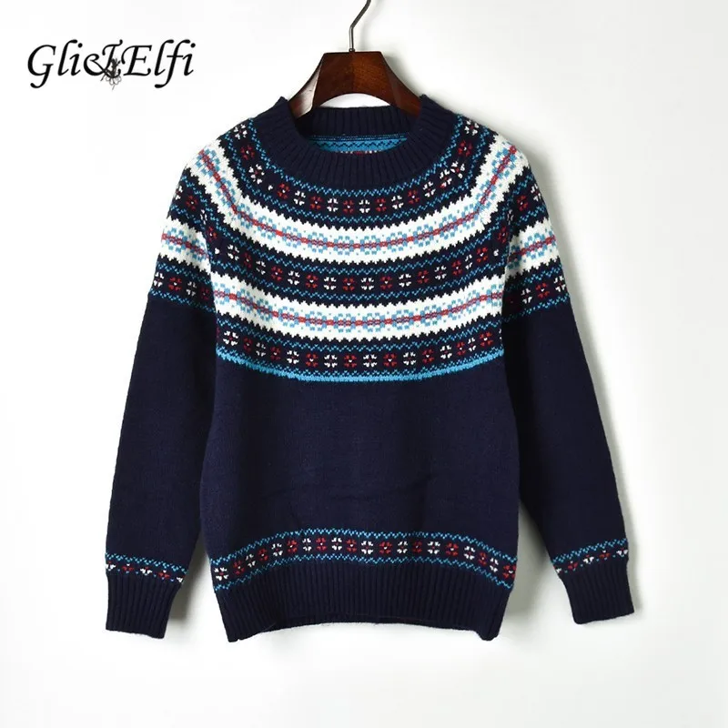 

Women Blue Fancy Sweater Snowflake Jacquard 2018 Fall Winter Casual Sweet Lady Stripe Pattern Knitted Top Jumper Thick Pullovers