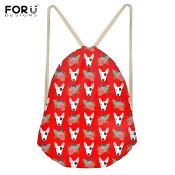 

FORUDESIGNS Woman Red Drawstrings Bags Funny Dog Bull Terrier Floral Pattern Girls Sack Bags Softback Storage Large Beach Bags