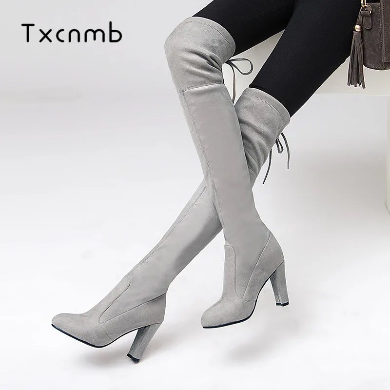 

LDHZXC Faux Suede Women Over The Knee Boots Lace Up Sexy High Heels Shoes Woman Female Slim Thigh High Boots Botas Winter Shoes