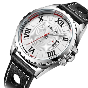 

Fashion Megir Top Brand Sport Men Watch Black Pu Band Quartz Watches Clock Time Army Military Wristwatches Erkek Kol Saati