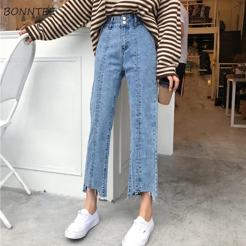 

Jeans Woman Irregular Elegant Loose Soft Ladies Streetwear All-match Korean Style Womens High Waist Students Single Button Chic