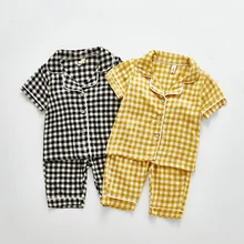 BINIDUCKLING/повседневные Мягкие летние пижамы для маленьких мальчиков и девочек, комплект хлопковых пижам с рисунком в клетку для маленьких детей, пижамный комплект с короткими рукавами