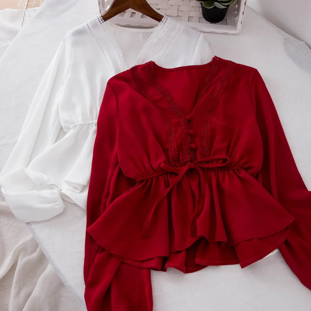 

MUMUZI V-neck lace stitching tops drawstring tie with waist and ruffled tops short shirt female drape tops blusas blusa