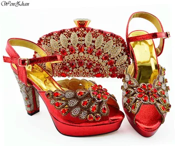 

Newest Red Color Nigerian Shoes and Bags To Match With Gold Diamond Matching Italian Shoe and Bag Set 11.5cm WENZHAN B94-5