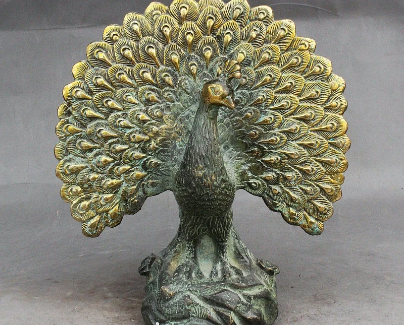

9" Folk Old Chinese FengShui Bronze Gilt Auspicious Wealth Bird Peacock Statue