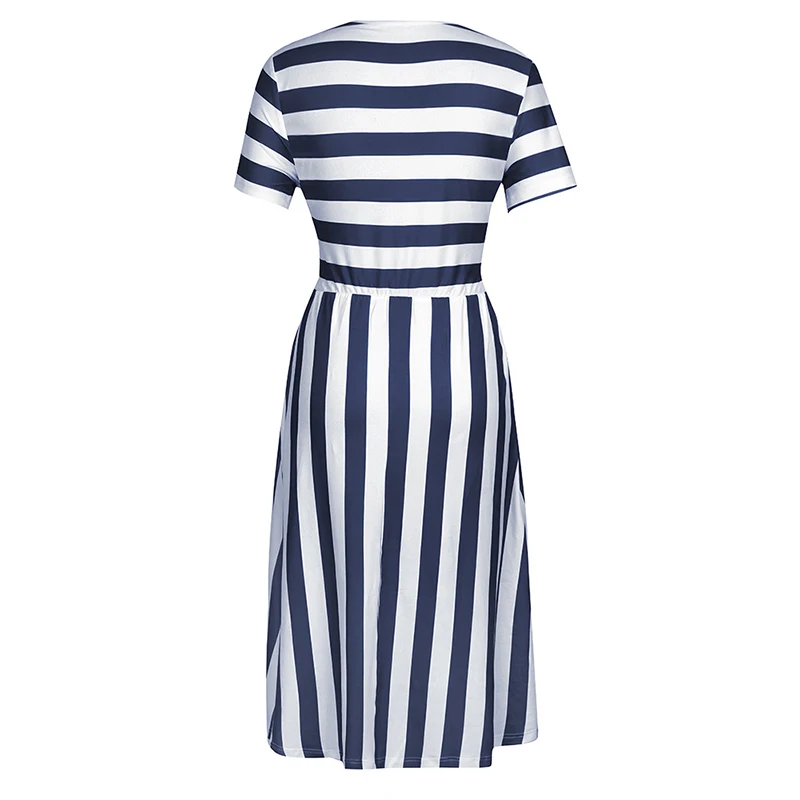 Red Black A Line Casual Dresses Women Summer Dress Short Sleeve Striped Midi Dress O Neck Pocket Summer Holiday Dresses