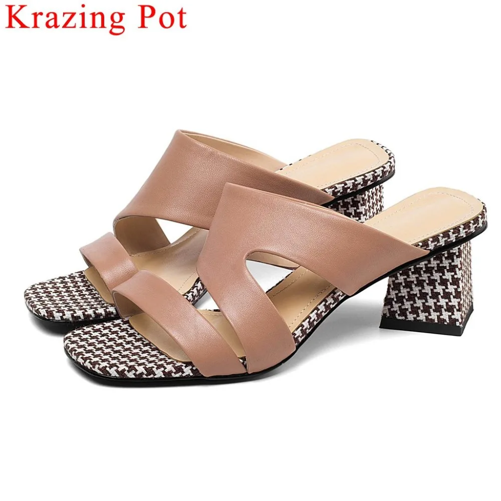 

Krazing Pot vintage European design checkered med heels luxury sheep leather office lady peep toe daily mules work sandals L16