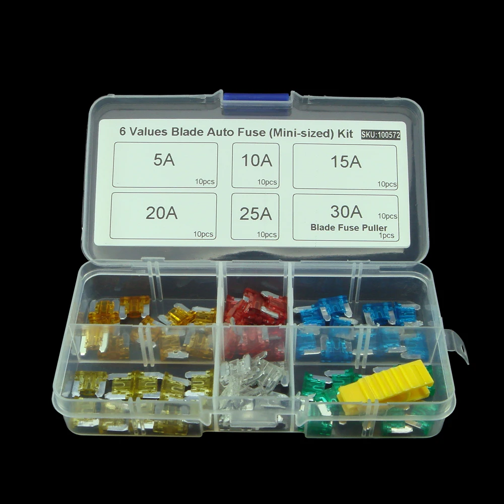 60pcs/lot 6values Mini Auto Fuse5A 10A 15A 20A 25A 30A / 32V Car Fuse Boat Blade Fuse Kit (mini