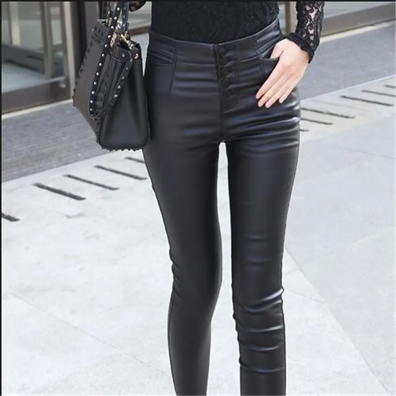 Элегантные модные кожаные брюки для молодых женщин, Qiu dong, кожаные растягивающиеся брюки с пуговицами, с высокой талией, кожаные брюки с добавлением шерсти, BN62