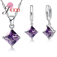 JEXXI High Quality Cubic Zircon Geometric 3D Square Statement Necklace 925 Sterling Silver Drop Earrings Set For Women Brincos