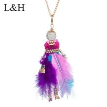 Luxury Rhinestone Feather Doll Long Dress Pendant Necklace Handmade French Doll Gold Chain Necklace For Women Jewelry Bijoux gold feather pendant chain necklace