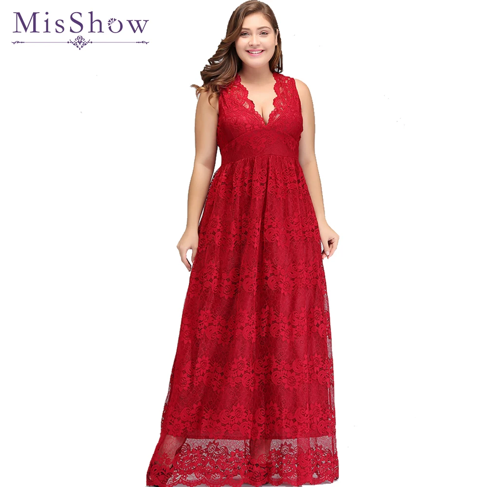 

Red Lace plus size evening dresses Deep V Neck Long Prom Evening Party Dress 2019 Elegant vestidos de noche largo Formal Gown
