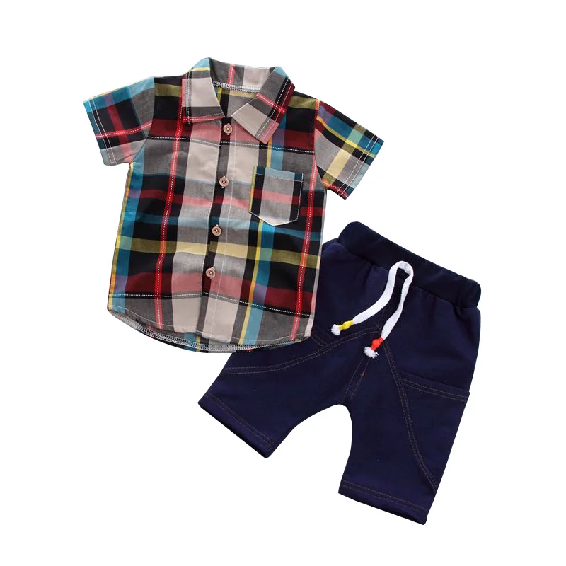 Baby Boy Clothes Set Summer Shirts Top Plaid+Pant Short Cotton Kid