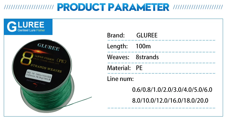 GLUREE 100M109Yards 8 Stands PE Line Braided Fishing Line 100% PE Multifilament Fishing Line Super Strong High Quality 13-200LB (9)