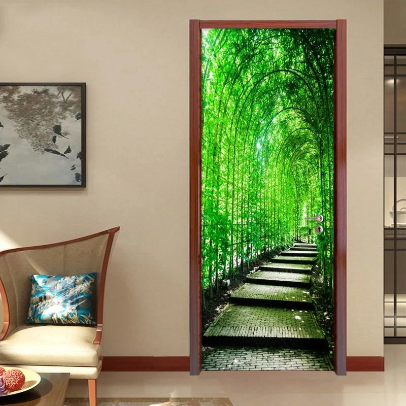 3D стикер на дверь, зеленый лес, дорожка, природа, пейзаж, обои для гостиной, кабинета, домашний декор, наклейки на двери и стены, виниловая роспись