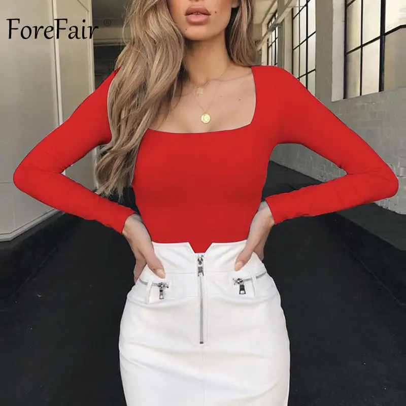 Forefair футболка с длинным рукавом сексуальная черная белая квадратным вырезом