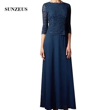 

Three Quarter Sleeves Lace Mother Of The Groom Dress A-line Navy Blue Long Chiffon Bride Mother Dress Wedding Guest Gowns
