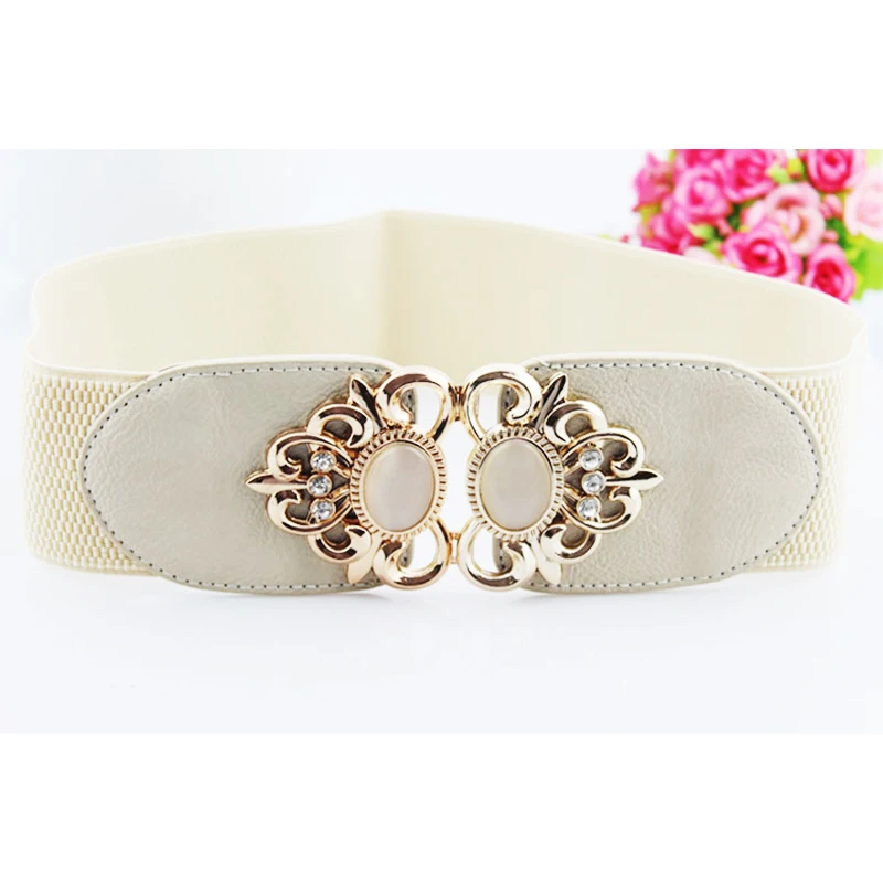 

Fashion Opal Decoration Women Elastic Girdle Women's High Quality Good Matching Belt Retro Totem Metal Flower Buckle off white