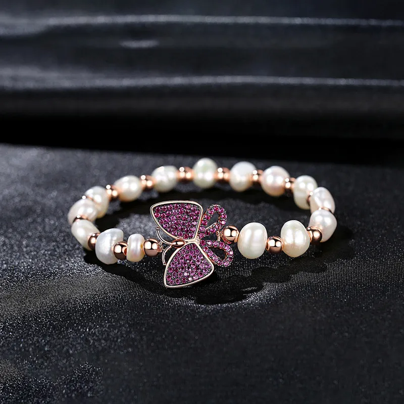 SLBRIDAL сверкающий Шарм Модный кубический цирконий жемчуг браслет с бабочкой девушки браслет cz подарок свадебные женские украшения