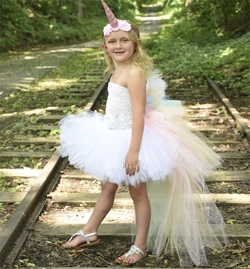 

Girls Rainbow Unicorn Tutu Dress Sweet Trailing princess Dress with Headband Kids Birthday Party Pony Hallowwen Cosplay Costumes