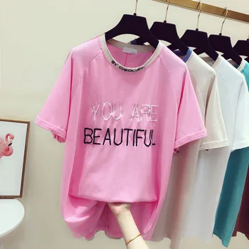 

New Summer Fashion Large Size Women Pullovers Top All-match Letter Embroidery Hole Students T-shirts Female Cotton Basic Tshirts