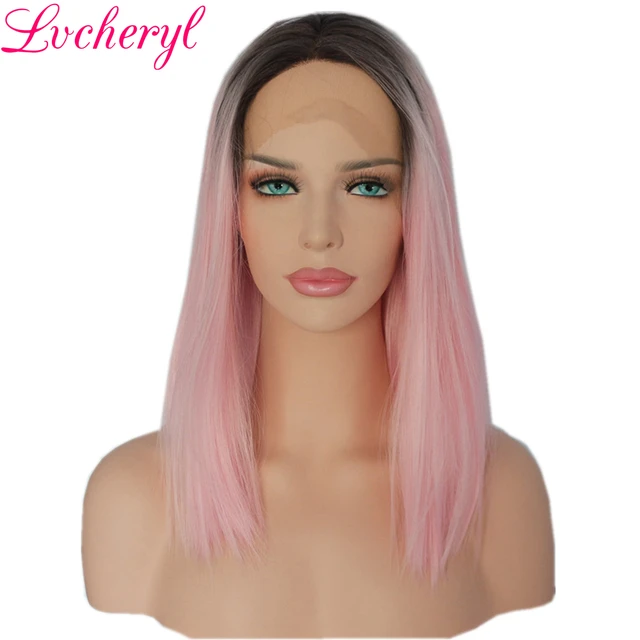 Lvcheryl Hand Tied Ombre Dark Roots To Pink Short Bob Synthetic