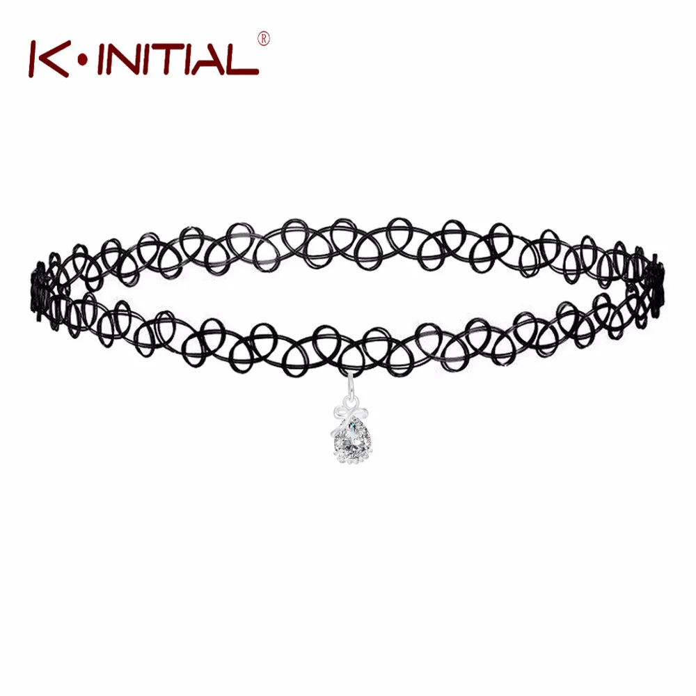 Kinitial 1Pcs Fashion Black Lace Choker White Waterdrop Pendant