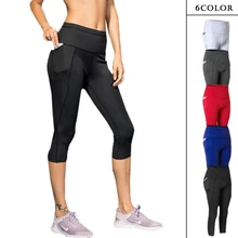 Женские укороченные штаны для бега с карманами для фитнеса, спортивные штаны для бега с высокой талией, быстросохнущие Эластичные Обтягивающие Брюки, женская спортивная одежда