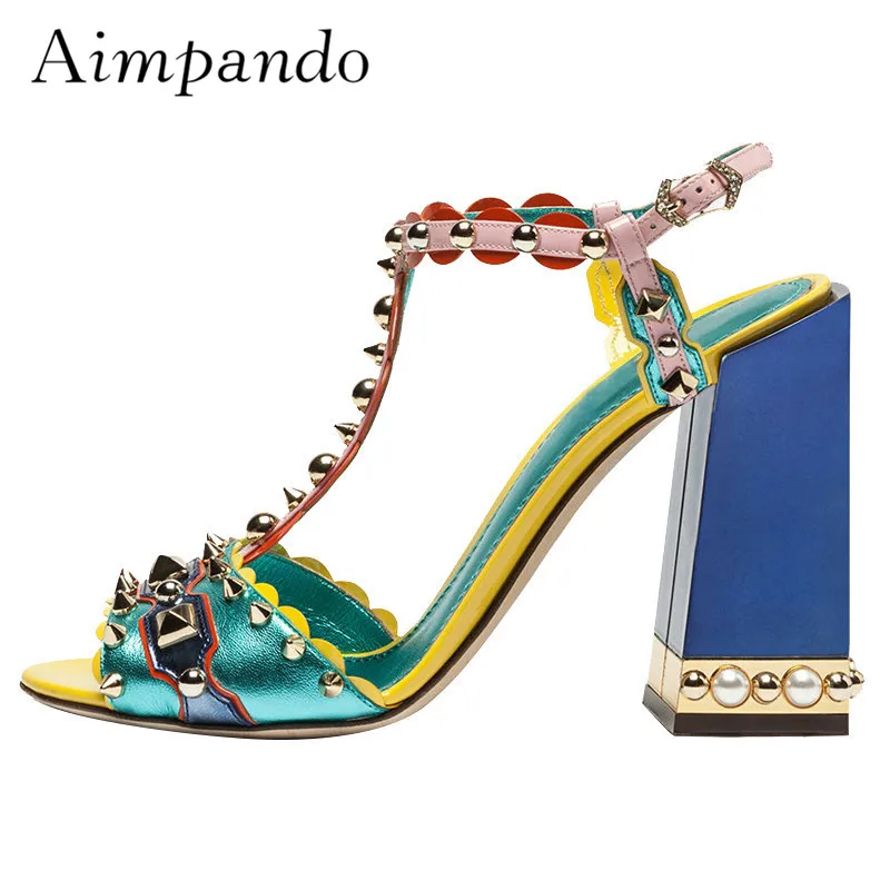

New Summer Retro Chunky Heel Gladiator Sandals Women Ankle Strap Open Toe Rivet String Bead Patchwork Crystal Sandalias Mujer