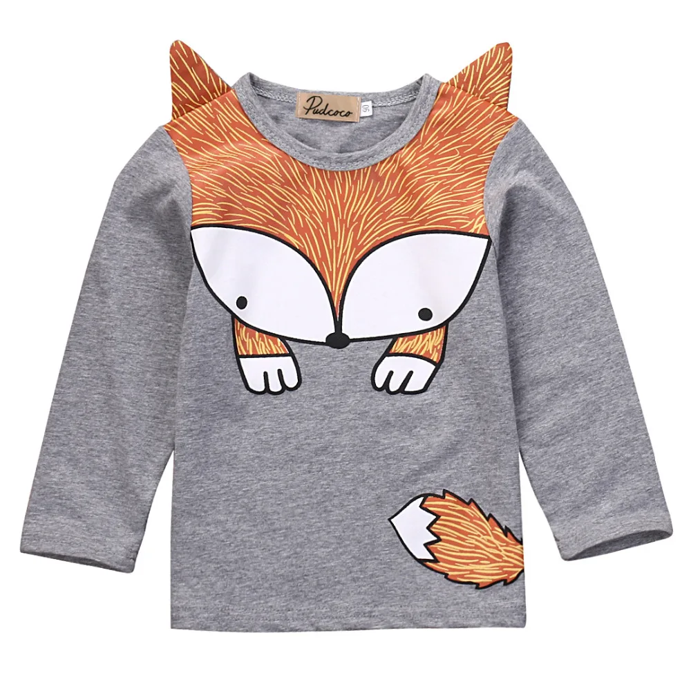 Newborn Baby Girls Boys Fashion Loose Grey Cotton Cartoon Long Sleeve Fox T Shirt