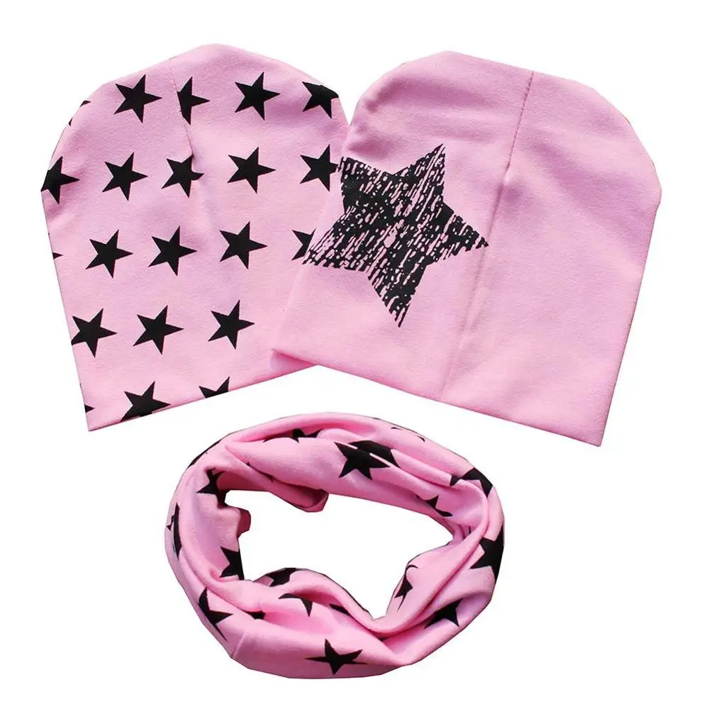 Комплект из 2 предметов: шапка+ 1 шарф; детский хлопковый головной убор со звездами для маленьких мальчиков и девочек - Цвет: Pink