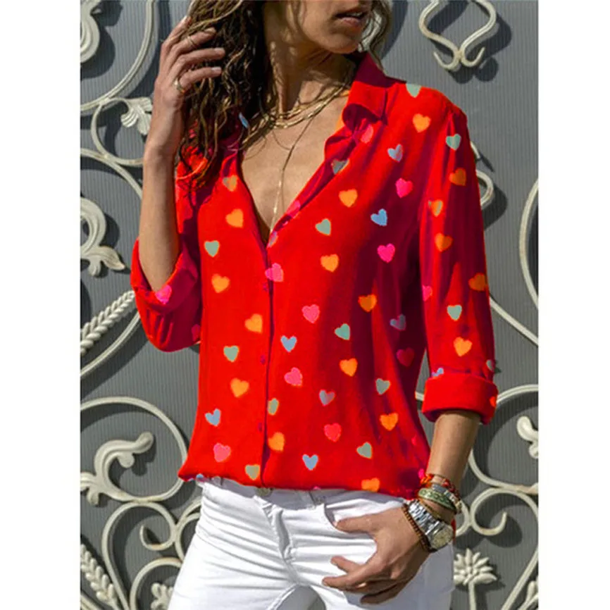 Dot Print Blouse Shirt Women Colorful Heart Love V Neck Long Sleeve Casual Tops Femme Peplum Top Office Lady |