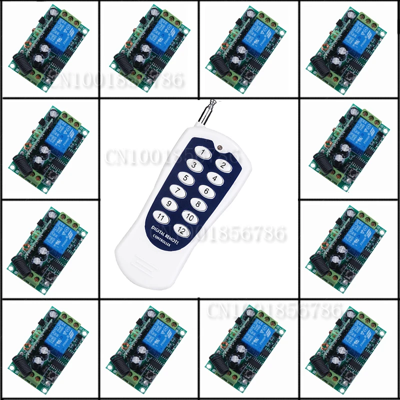 

12V 1CH RF wireless remote control switch system 12 receivers&1 transmitter independently control output state is adjustable
