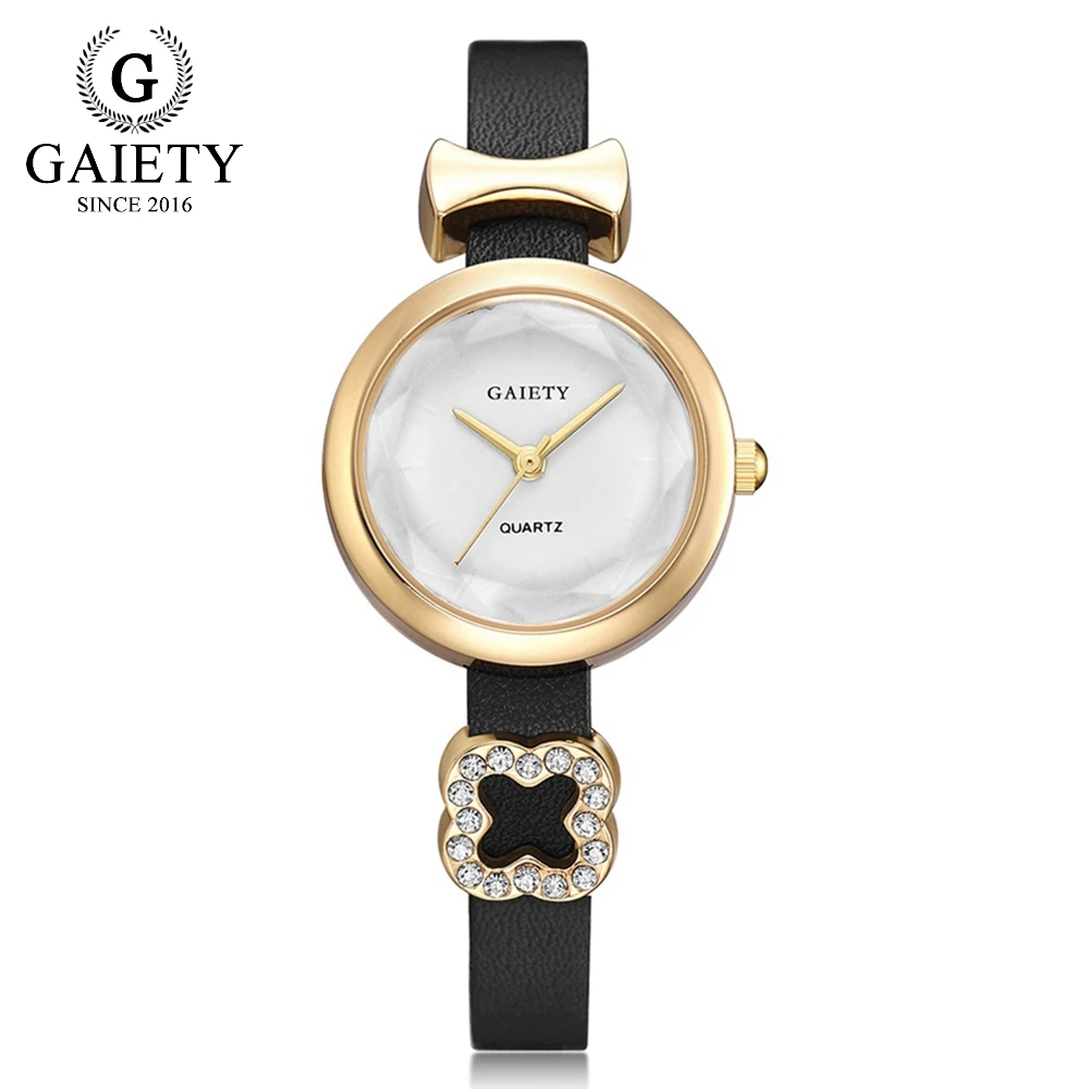

Gaiety Brand Women Luxury Watch Black Leather Fashion Wristwatch Lady Crystal Rhinestone Stainless Steel Quartz Watches