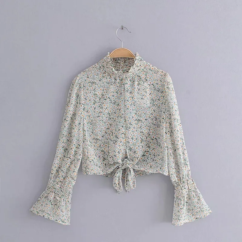 yinlinhe Sexy Transparent Crop Tops Summer Turtleneck Blouse Women Long Sleeve Bow Tied Floral Pink Elegant Shirts  4