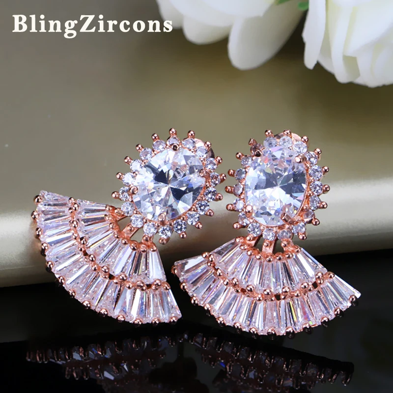 

BeaQueen Unique Fan-shaped Baguette Cubic Zircon Post Stud Earrings Rose Gold Color Zirconia Crystal Jewelry for Women E097