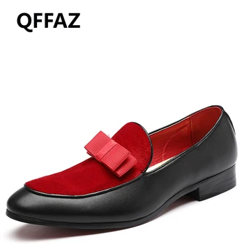 

QFFAZ Gentlemen Bowknot Wedding Dress Male Flats Casual Slip on Shoes Black Patent Leather Red Suede Loafers Men Formal Shoes