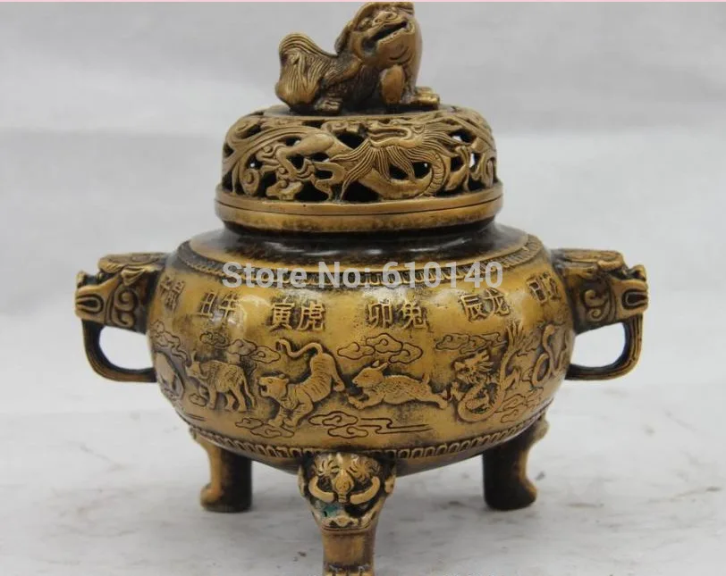 

9 Chinese Royal Copper Bronze twelve Zodiac Foo Dog Lion incense burner censer