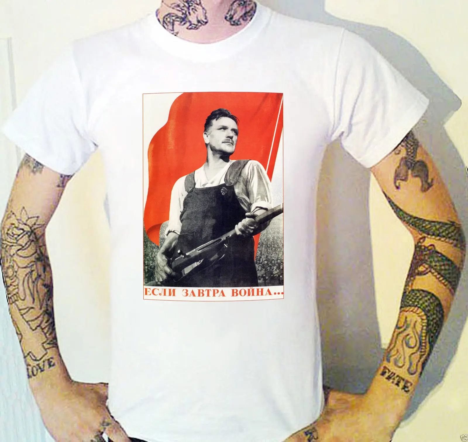 

Tops Short Shirt Hip Hop Vintage Soviet Propaganda Poster T-Shirt Communism Red Ussr Communist O Printing Shirt
