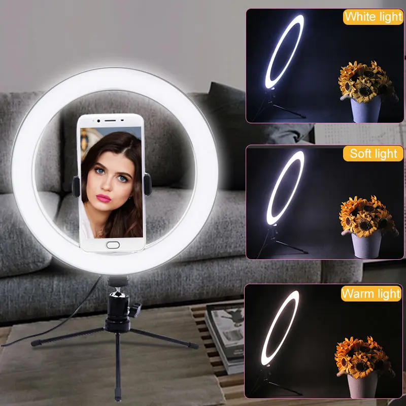 

16CM/26CM LED Selfie Ring Light Dimmable Smartphone Ring Lamp With TableTripods For Makeup Vlog Video Live Studio