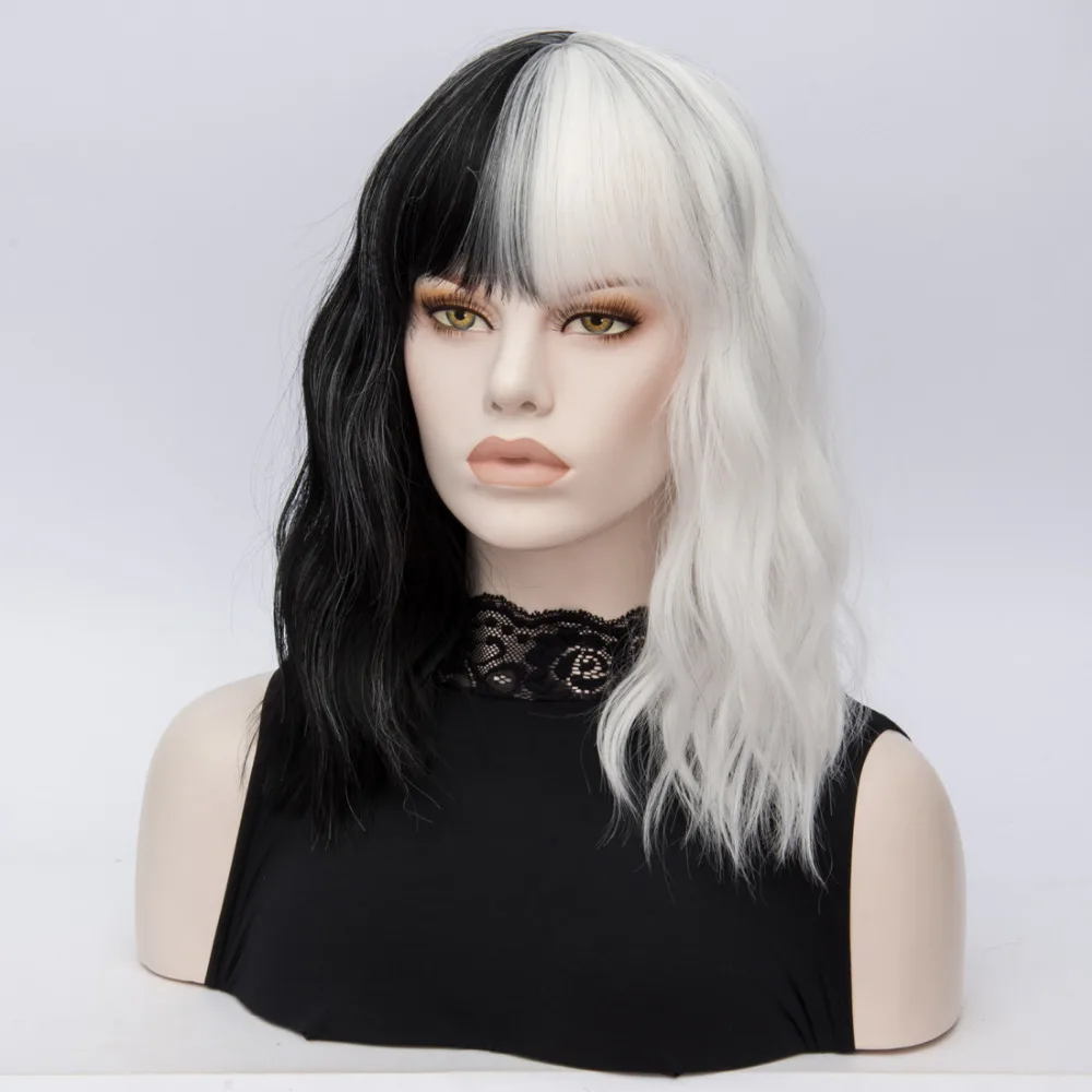 Pelucas cortas Similler para Halloween Cosplay mujer Peluca de pelo sintético rizado negro blanco 2 tonos Patchwork Pelucas cortas Similler para Halloween Cosplay mujer Peluca de pelo sintético rizado negro blanco 2 tonos Patchwork
