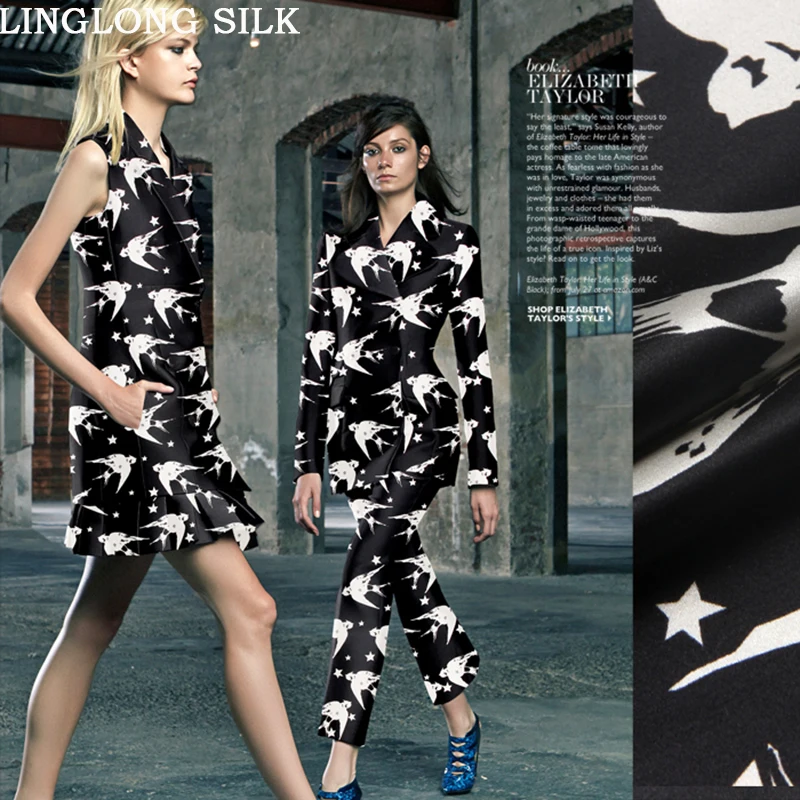 

PRINTED SILK WOOL SATIN 1.4M width 40mm/28% Silk+72% Wool Satin Fabric White Silk Print Birds Black Dress Sewing for Christmas