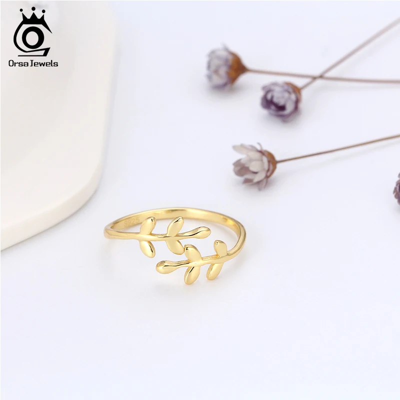 ORSA JEWELS Cute Leave Design Solid 925 Sterling Silver Jewelry Adjustable Wedding Band Women Rings for Party SR12